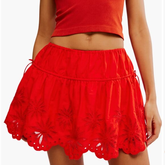 Free People Dresses & Skirts - Free People Red skirt Wildest Dream Eyelet Embroidery Miniskirt Sz L New